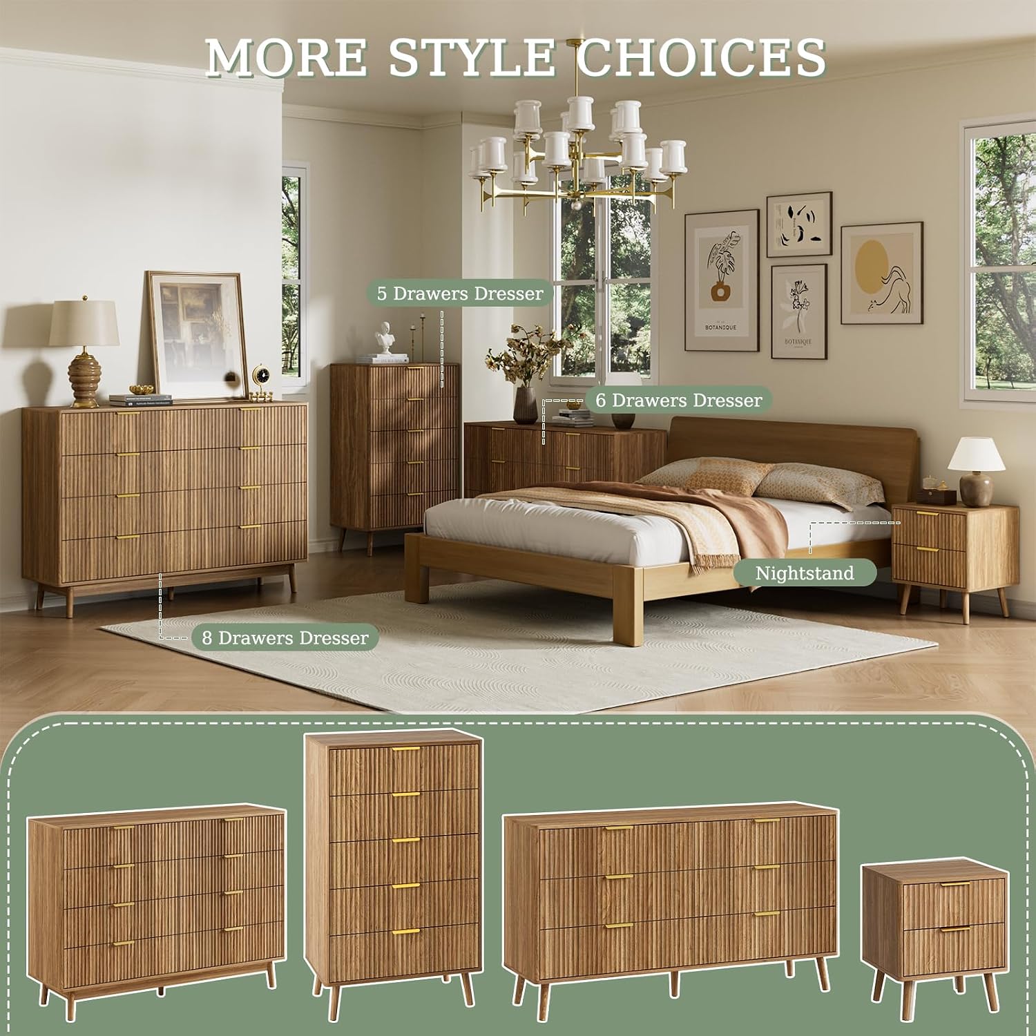 LYNSOM Fluted Dresser and Nightstand Sets 3 Piece, 6-Drawers Dresser and 1-Drawer Nightstands Set of 2, Wood Bedroom Furniture Set for Home, Bedroom, Hallway, Walnut
