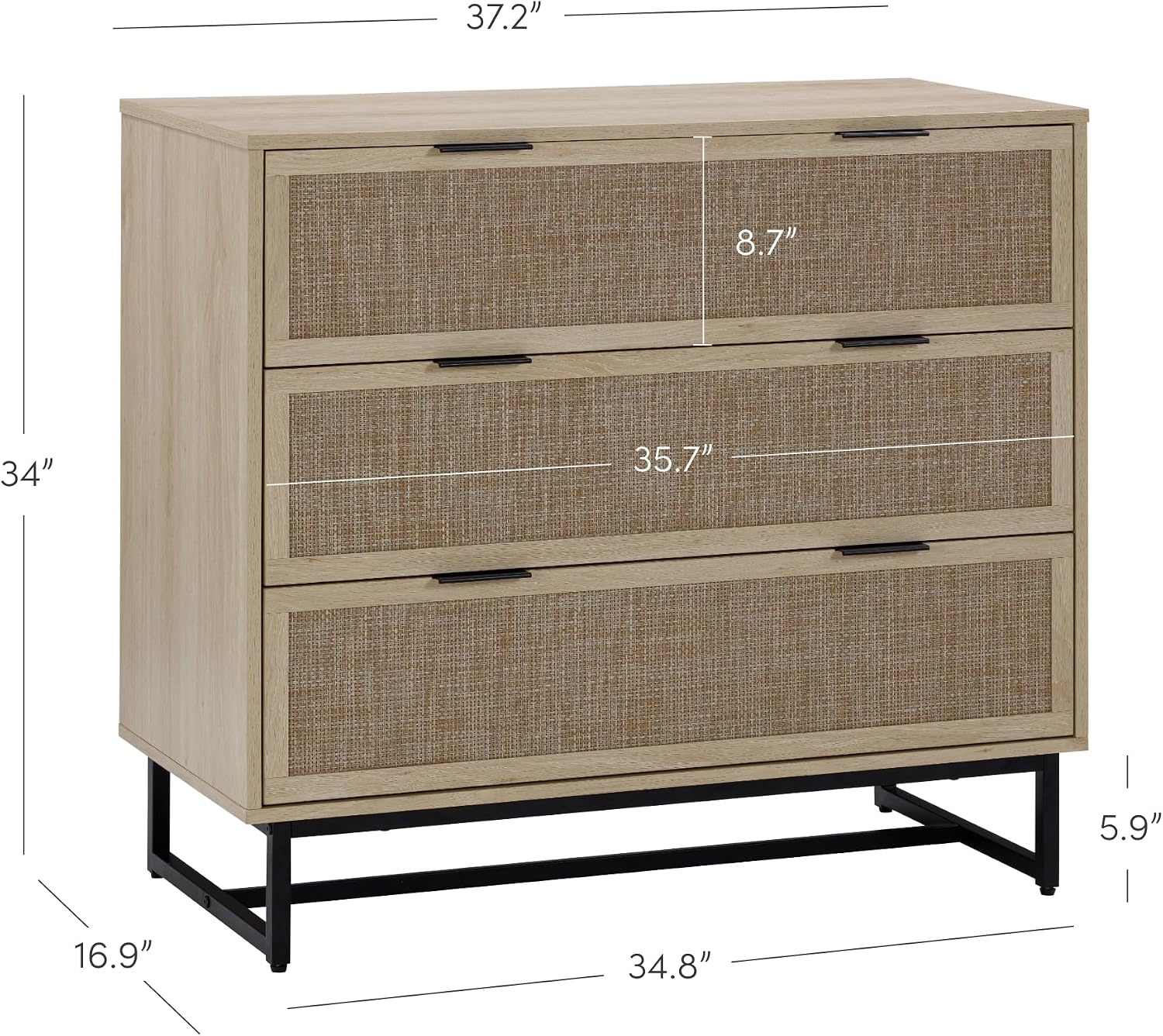 Nathan James Kova 3-Drawer Rattan Dresser or Boheminan Living Room Storage Cabinet with Textiline Rattan Accent and Metal Legs, Light Oak/Black