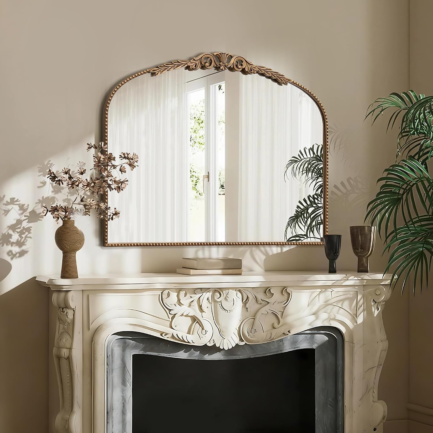Besdomus Gold Vintage Vanity Mirror: 32'x 24' French Baroque Arched Mirror - Traditional Ornate Antique for Fireplace/Bathroom/Entryway/Dresser - Home Decor for Living Room