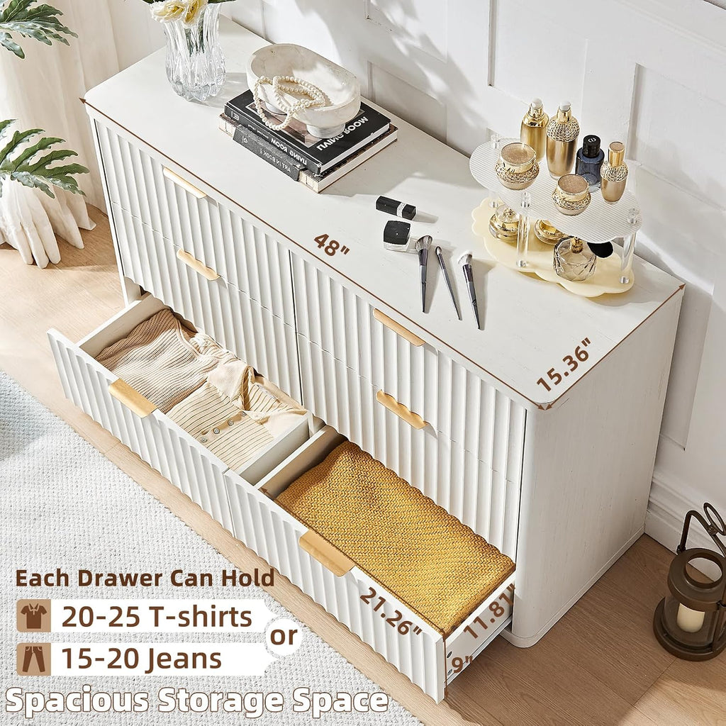 LEYAOYAO Fluted Dresser and 3 Drawers Nightstand Set of 2, Wood 48' Wide Dresser & 23' Night Stand with Charging Station, 3 Piece Bedroom Furniture Set, Chest of Drawers for Living Room,Antique White