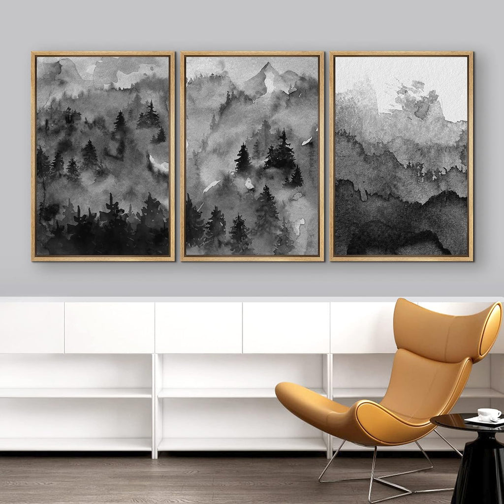 NWT Framed Canvas Print Wall Art Set Pastel Watercolor Dark Mountain Forest Nature Wilderness Illustrations Modern Art Decorative Landscape Rustic for Living Room, Bedroom, Office - 24'x36'x3 Natural