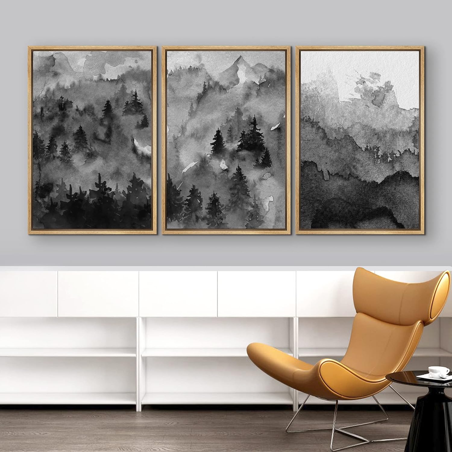 NWT Framed Canvas Print Wall Art Set Pastel Watercolor Dark Mountain Forest Nature Wilderness Illustrations Modern Art Decorative Landscape Rustic for Living Room, Bedroom, Office - 24'x36'x3 Natural