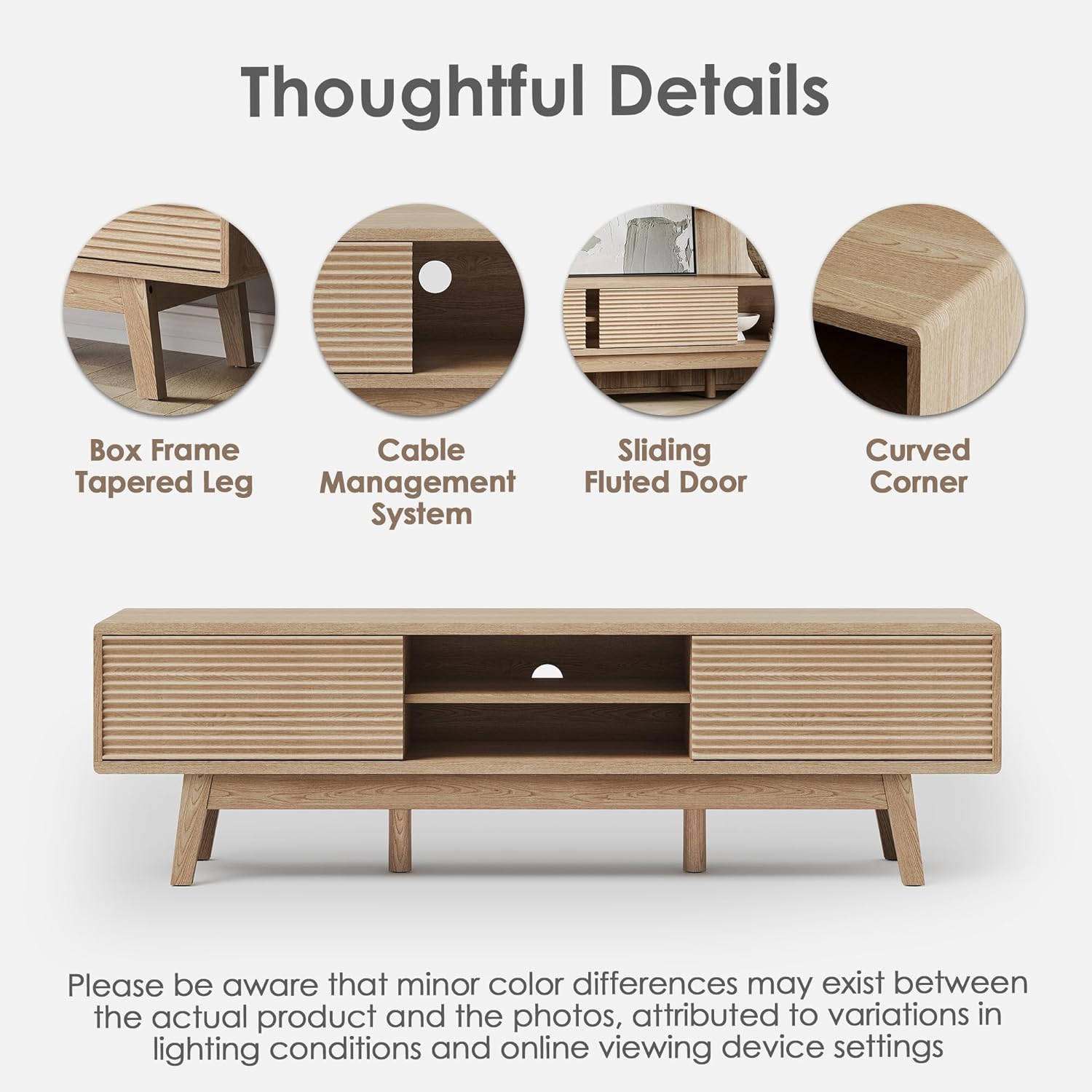 TOLEAD 59' TV Console, Mid Century Modern TV Stand for 55/60/65 Inch TV, Low Profile Media Console with Fluted Sliding Doors, Boho Wood Credenza for Living Room, Oak