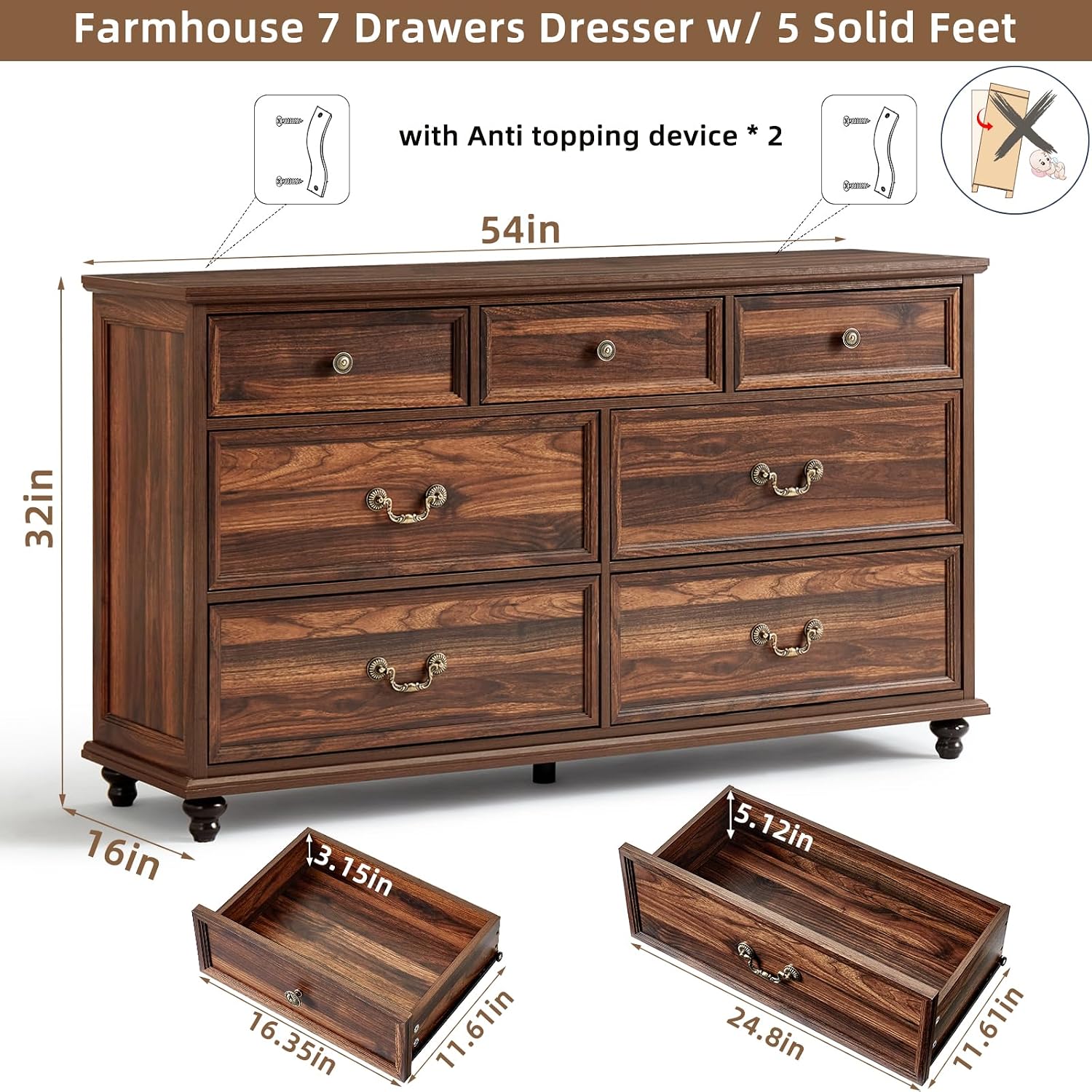 Joaxswe Bedroom Dresser Sets, 54' Wide 7 Drawers Dresser and 37' Tall 4 Drawers Dresser, Wooden 2 Piece Bedroom Furniture Set, Chest of Drawer for Bedroom, Home, Living Room, Hallway, Brown
