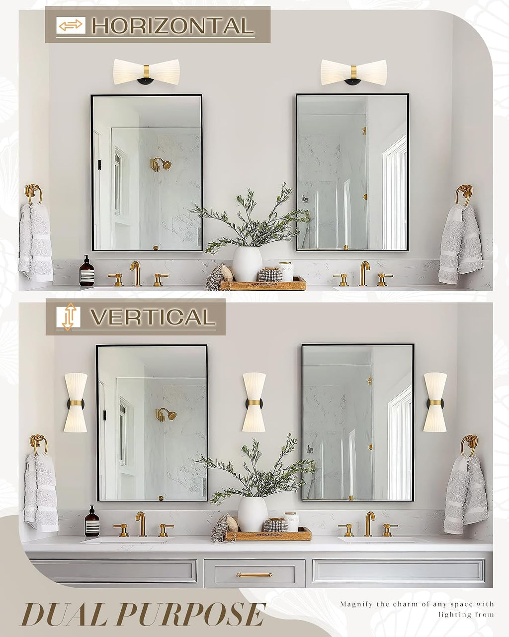 Wall Sconces Set of Two, HWH 14.3 Inch Black and Gold Bathroom Sconces with Frosted Milk White Striped Glass, Up Down Modern Wall Light fixtures for Living Room Bedroom, 5HZG97B-2W-2PK BK+BG