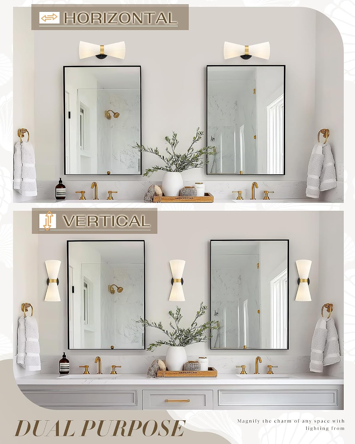 Wall Sconces Set of Two, HWH 14.3 Inch Black and Gold Bathroom Sconces with Frosted Milk White Striped Glass, Up Down Modern Wall Light fixtures for Living Room Bedroom, 5HZG97B-2W-2PK BK+BG