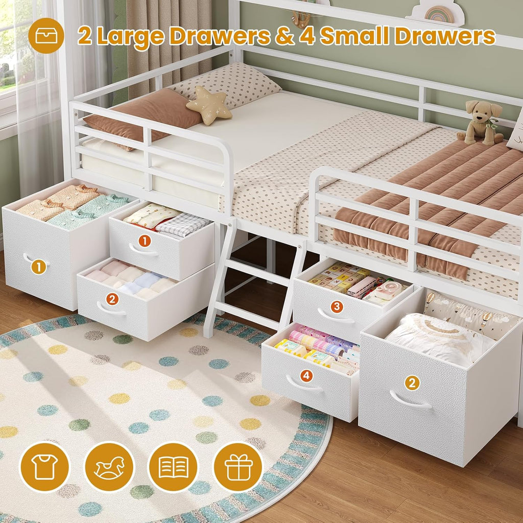 ADORNEVE Twin Size Bed Frame with 6 Drawers,House Bed with Globe String Lights Plug in,Metal Kids Bed with Safety Guardrail & Inclined Ladder,No Box Sping Needed,White