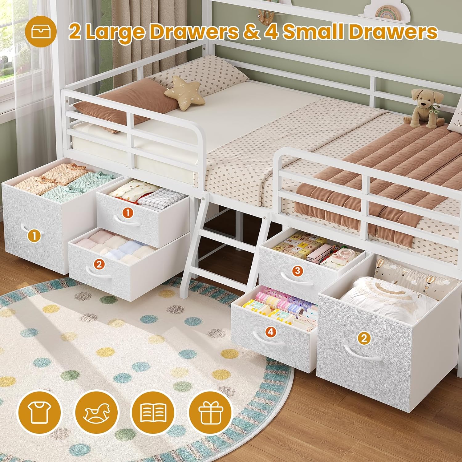 ADORNEVE Twin Size Bed Frame with 6 Drawers,House Bed with Globe String Lights Plug in,Metal Kids Bed with Safety Guardrail & Inclined Ladder,No Box Sping Needed,White
