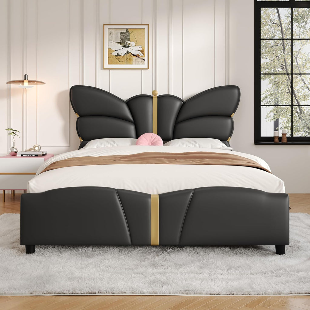 Merax PU Leather Upholstered Platform Bed with Butterfly Shaped Headboard and Footboard, Full Size Bed Frame for Bedroom, Solid Wood Slats Support, No Box Spring Needed, Easy Assembly, Black