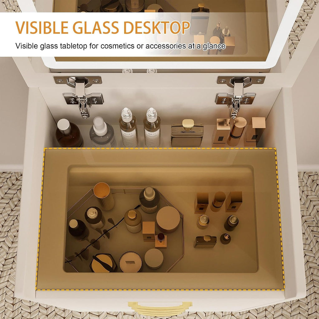 3 in 1 Vanity Desk with Open Top Mirror,Small Make Up Vanitys Set with Visible Glass Desktop,Compact Makeup Vanity with 3 Drawers,Dressing Table for Bedroom