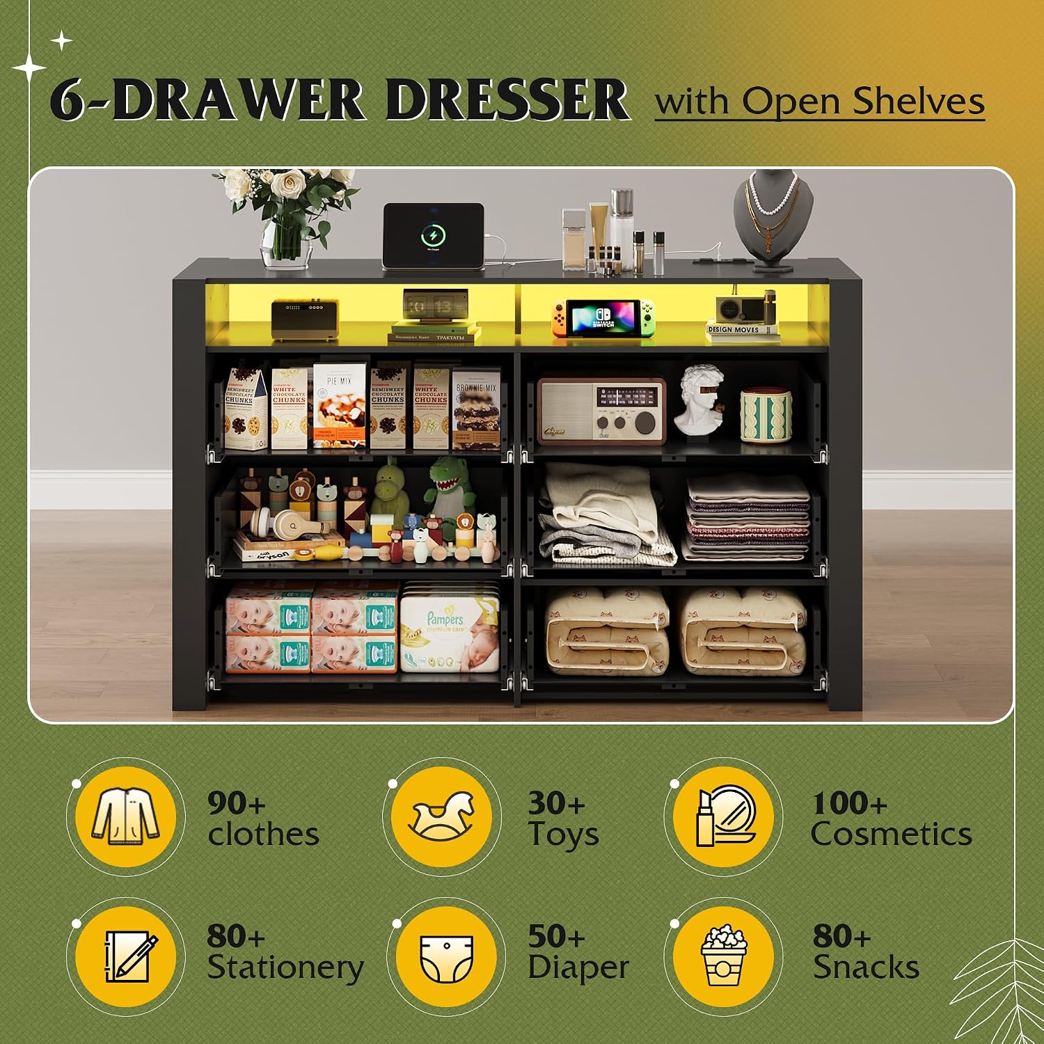 WLIVE 6 Drawer Led Dresser for Bedroom, 51' Black Wood Dresser Storage Organizer with Charging Station for 55' TV, Dressers with Open Shelves, Hanging Rack, Chest of Drawers for Closet, Living Room