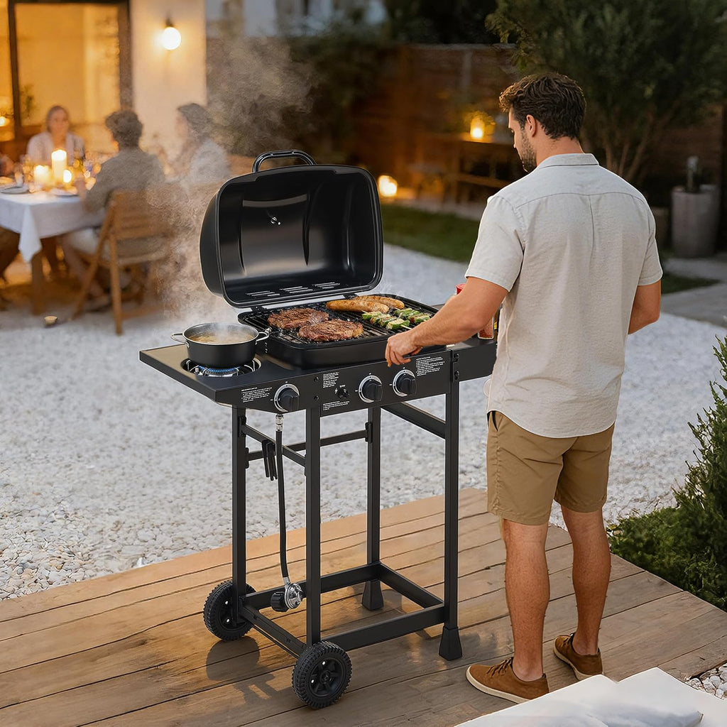 2 Burner Propane Gas Grill with Side Burner, Stainless Steel Outdoor BBQ Grill with Enameled Grates & Side Tables, Portable for Patio Backyard Garden Balcony Cooking (Black, 2 Burner,24000 BTU)