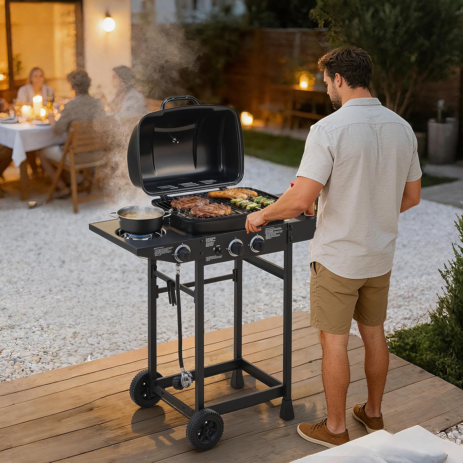 2 Burner Propane Gas Grill with Side Burner, Stainless Steel Outdoor BBQ Grill with Enameled Grates & Side Tables, Portable for Patio Backyard Garden Balcony Cooking (Black, 2 Burner,24000 BTU)