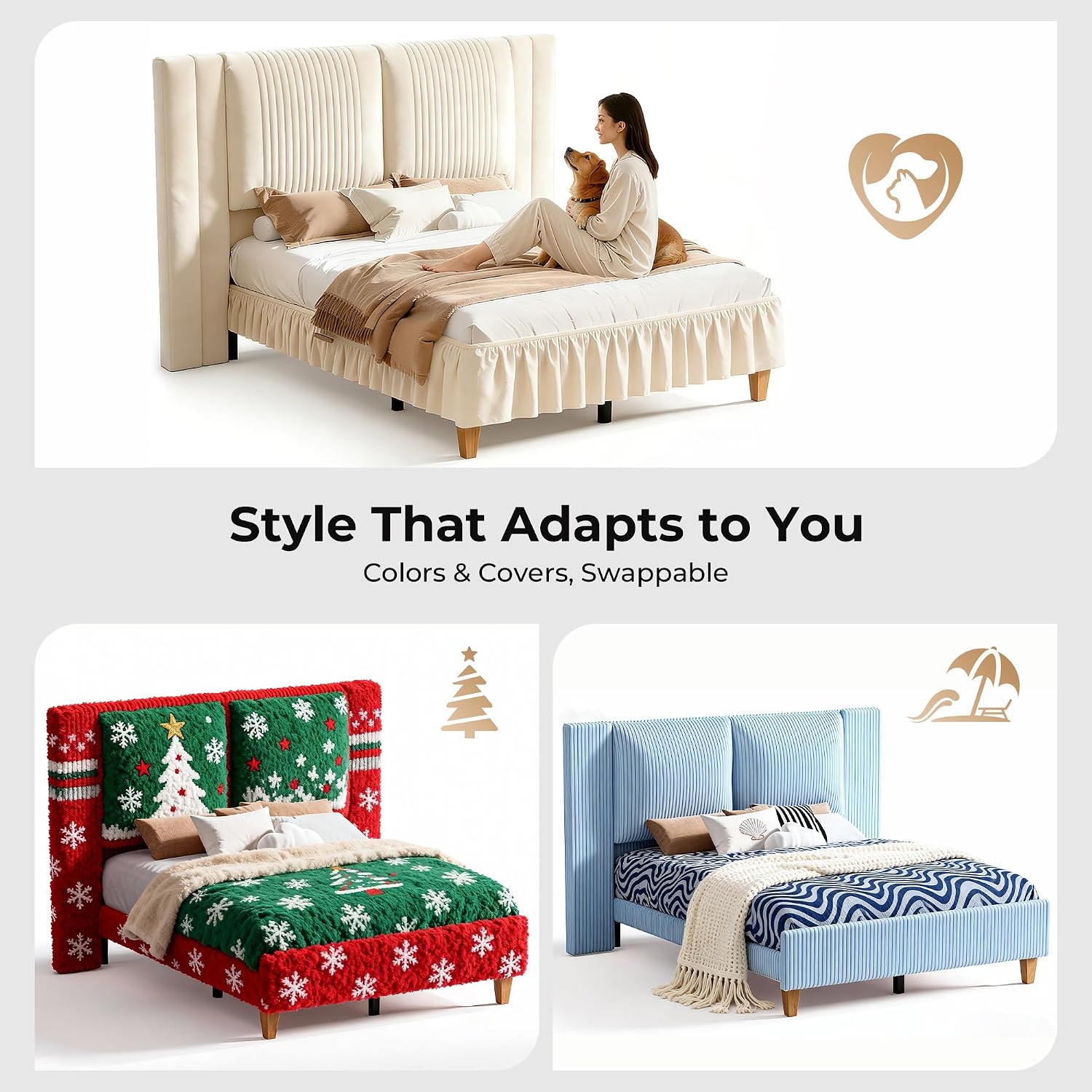 Full Upholstered Bed Frame with 51' Tall Headboard & Widened Corduroy Cushion,Modern Wingback Cloud BedFrame Platform, Easy Assembly, No Box Spring Needed, Cream