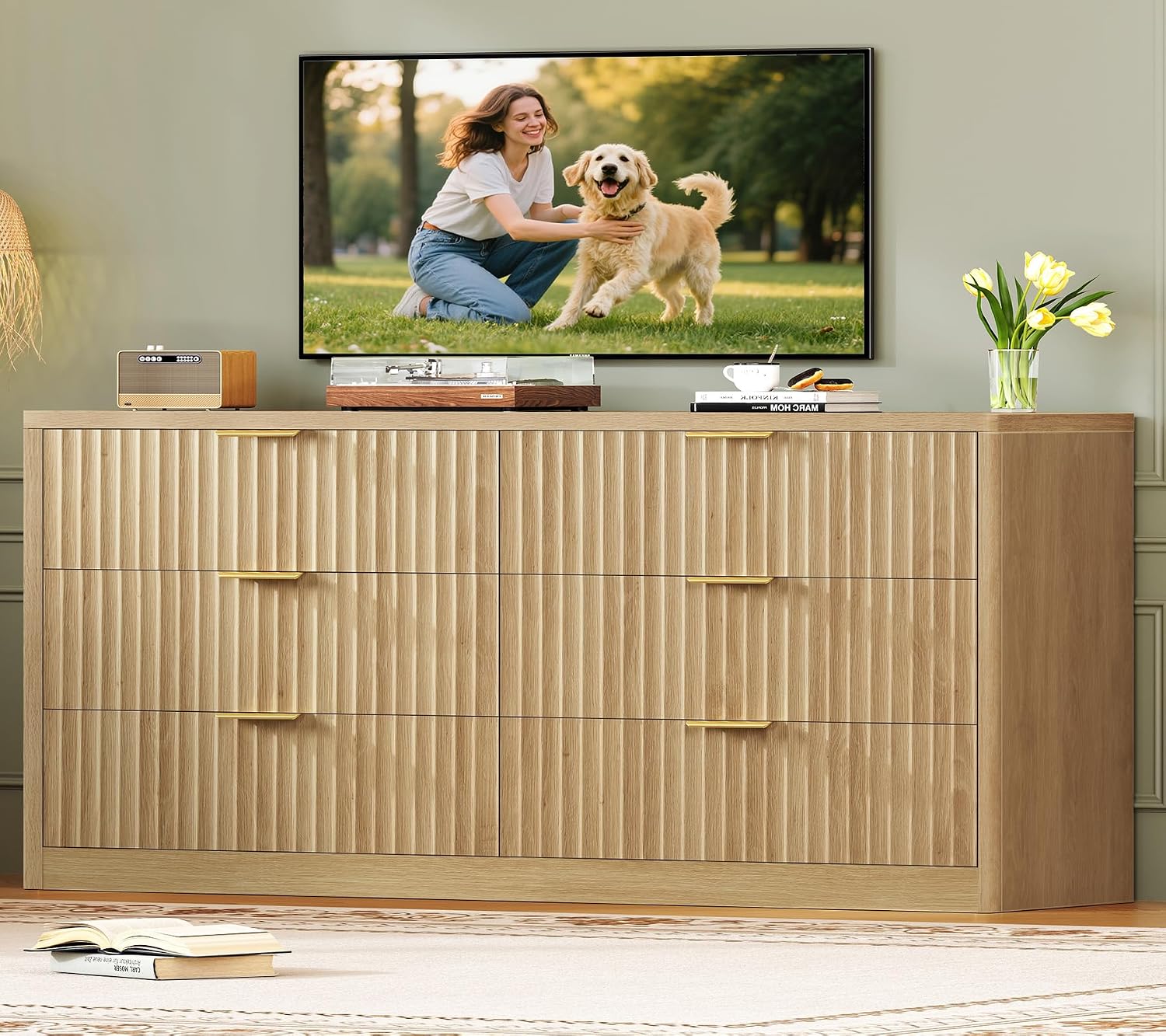 TEENFON 56.3'' Dresser for Bedroom with 6 Drawers, Dressers & Chest of Drawers with Curved Profile Design, 6 Drawer Dresser, Fluted Dressers, Wood Dressers for Bedroom, Living Room, Natural
