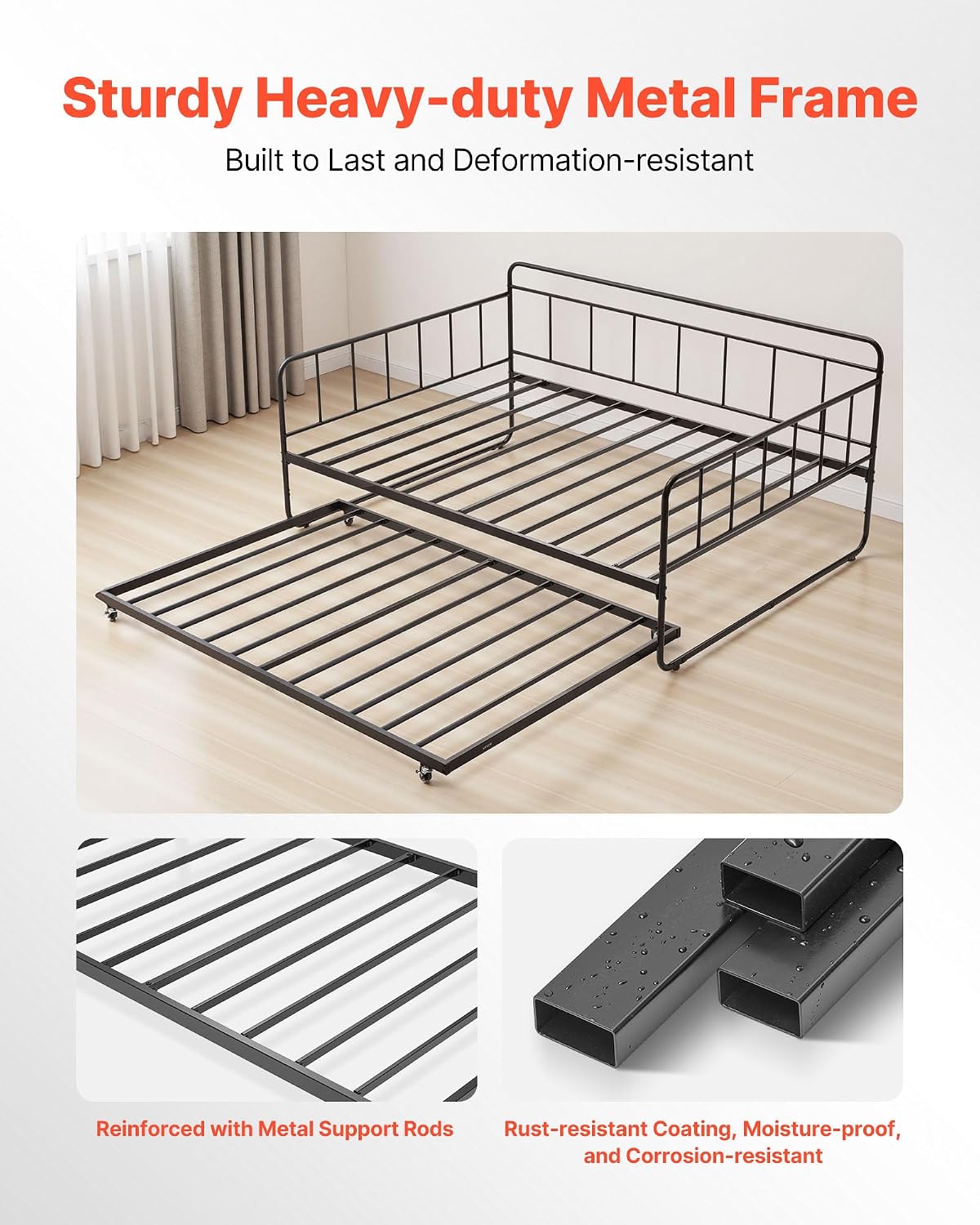 VEVOR Full Size Daybed Frame, Day Bed with Trundle, Heavy Duty Metal Platform Bed Frame, Full Daybed with Metal Slats Support for Living Room, Bedroom, Guest Room, Easy Assembly, Black