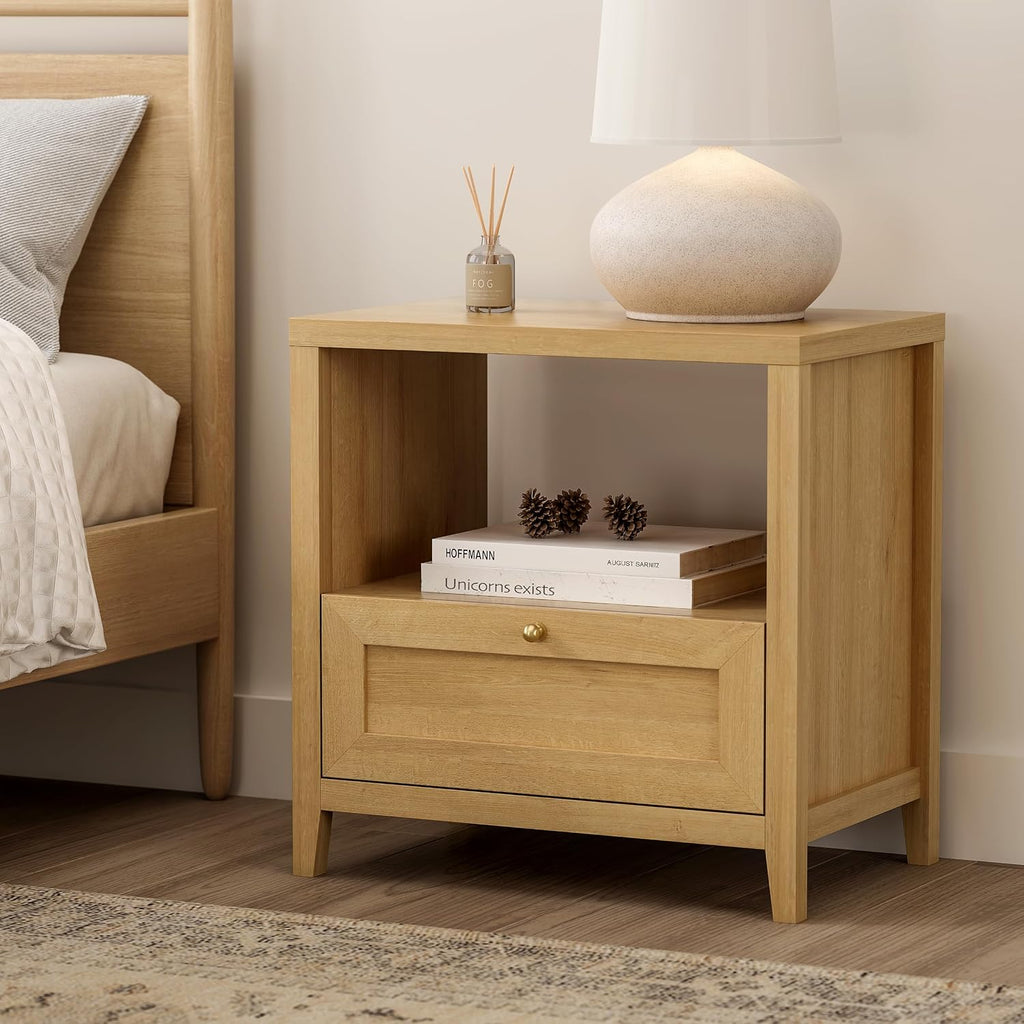 EYYTHUNG Wooden Nightstands Set of 2 with Drawer Modern 24' Wide End Table Night Stand Large Farmhouse Bedside Table with Open Shelf Mid Century Night Stands for Sofa, Natural Oak