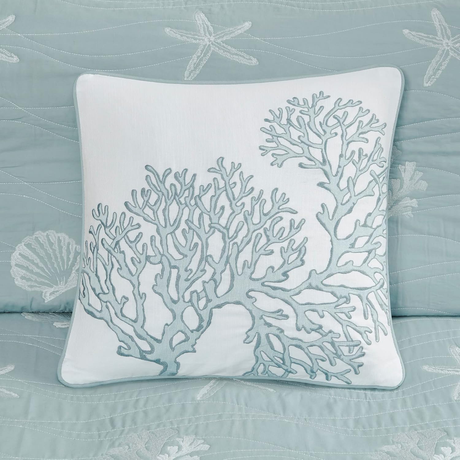Harbor House Seaside Reversible Cotton Quilt Set Coastal Clam, Starfish, Coral Embroidery, All Season, Pre-Washed Coverlet Bedding Layer, Decorative Pillow, King/Cal King(108'x90') Seafoam 4 Piece