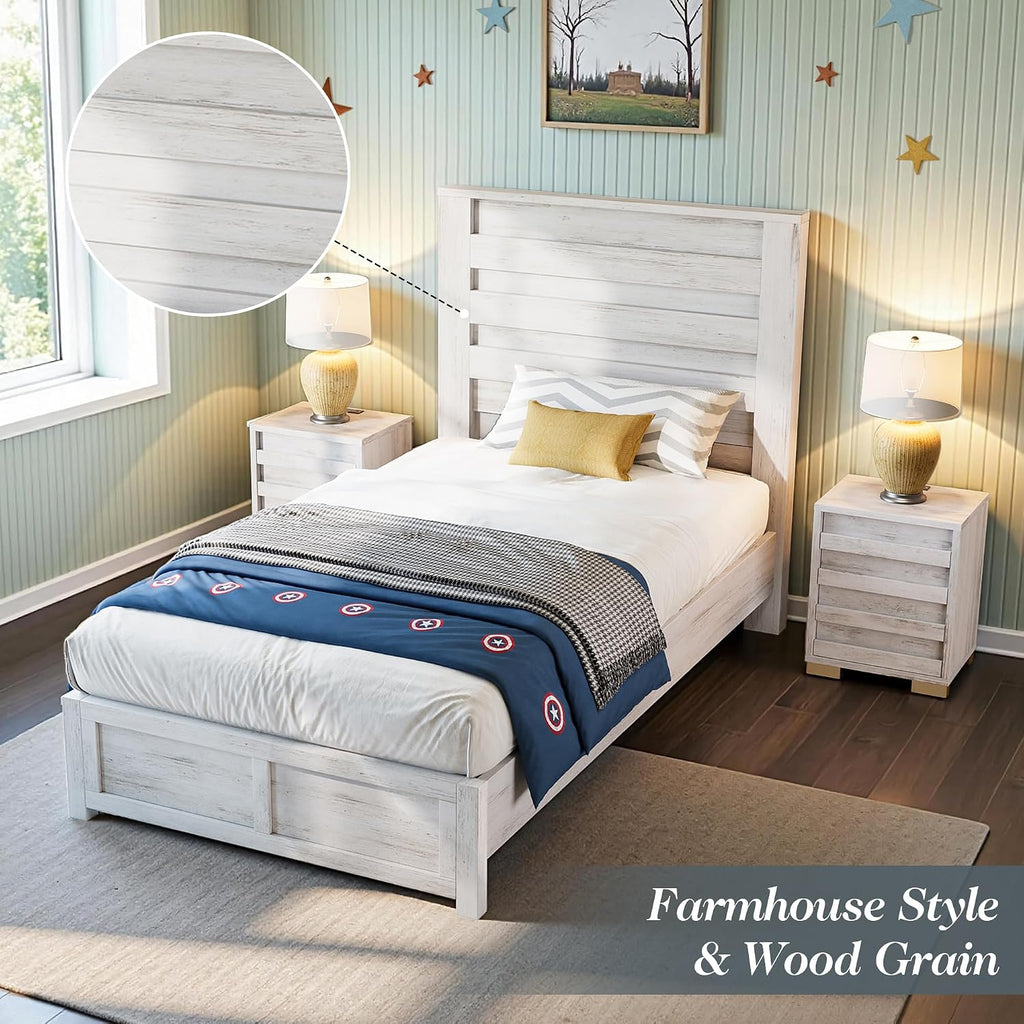 Albott Farmhouse Twin Platform Bed with 49' Fluted Headboard, Wood Bed Frame with Natural Grain Finish, No Box Spring Needed, Noise-Free, Distressed White