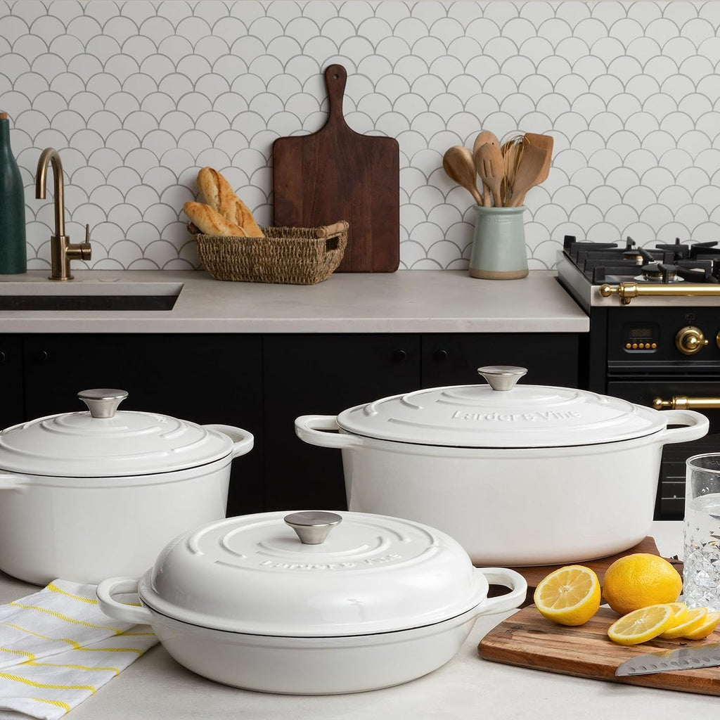 Larder & Vine 6-Piece Enameled Cast Iron Pan Cookware Sets, Includes 8 Quart and 5.7 Quart Dutch Oven with Lids, Braiser/Crock Pot with Lid (White)