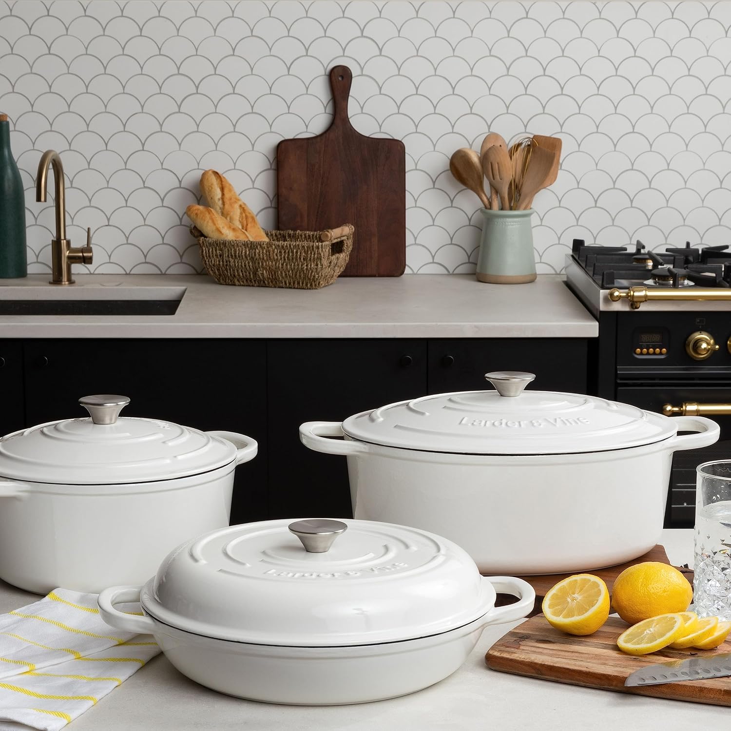 Larder & Vine 6-Piece Enameled Cast Iron Pan Cookware Sets, Includes 8 Quart and 5.7 Quart Dutch Oven with Lids, Braiser/Crock Pot with Lid (White)