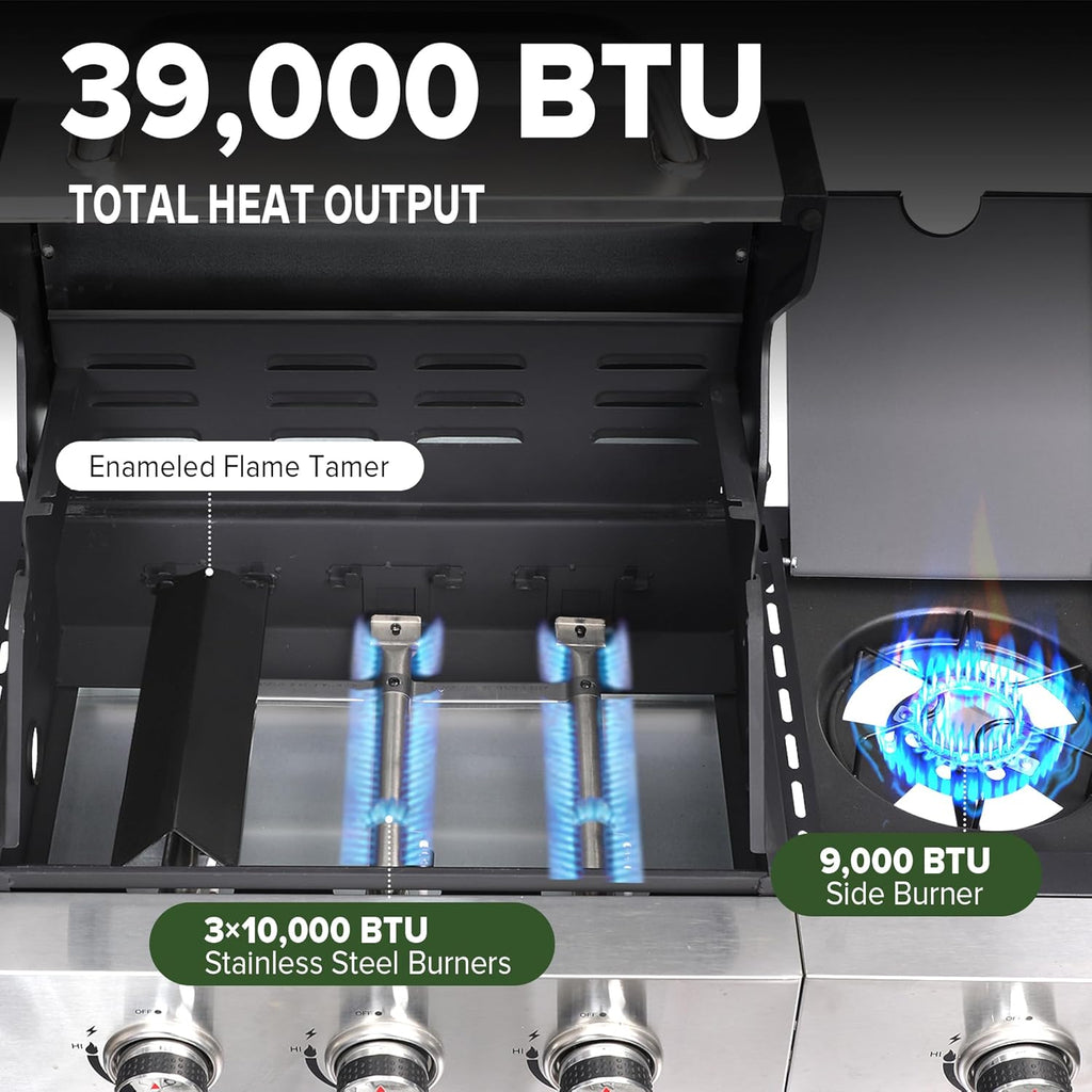 Gas Grill with Side Burner, 3-Burner Propane Grill with Porcelain-Enameled Cast Iron Grates and Double-Wall Insulated Lid, 39,000 BTU BBQ Grill with Wheels for Outdoor Cooking