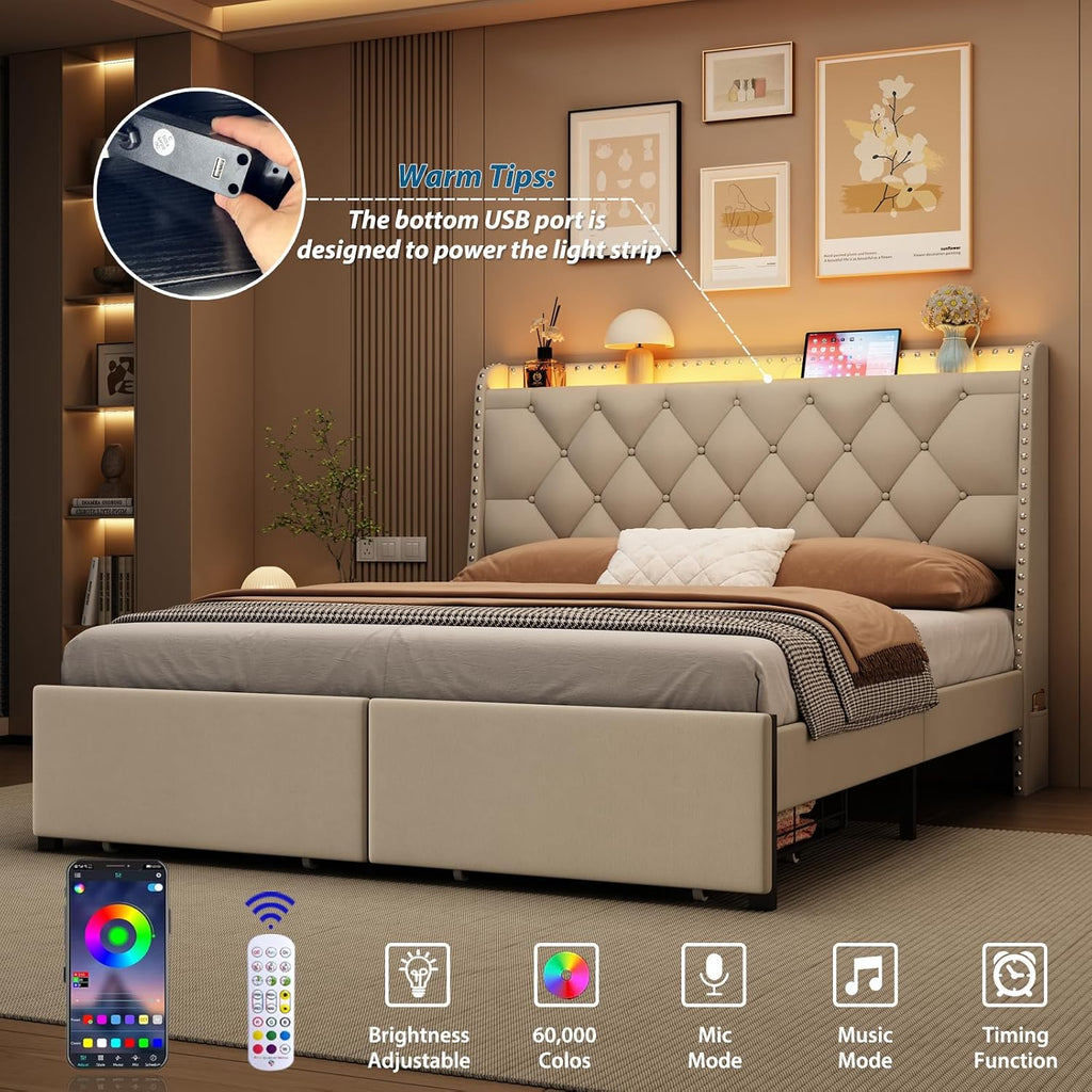 Queen Bed Frame with Storage Drawers, LED Bed Frame with Charging Station, Velvet Button Tufted Upholstered Headboard, Wood Slats Support Noise-Free, No Box Spring Needed, Beige