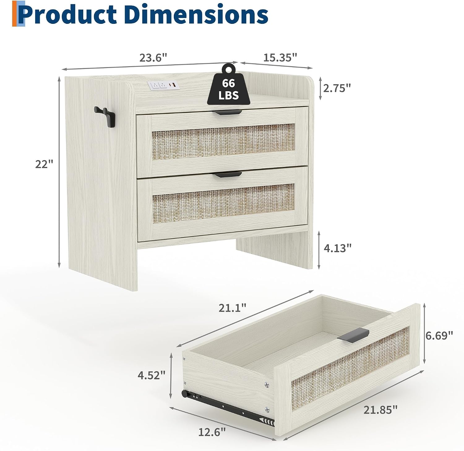 Rattan Nightstand Set of 2, Bedside Table, Modern Night Stand with Type-C Charging Station, 2 Drawer Storage Space, with Hook Included, Suitable for Bedroom, Office as a End Table, Side Tables