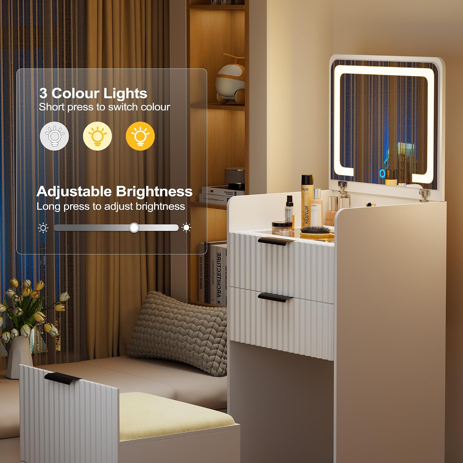 Lvifur 3 in 1 Small Vanity Desk with Plip Top Mirror,Makeup Vanity Set with Visible Glass Desktop,Compact Vanity with 3 Drawers,Storage Compartment and Padded Stool,Dressing Table for Bedroom,White