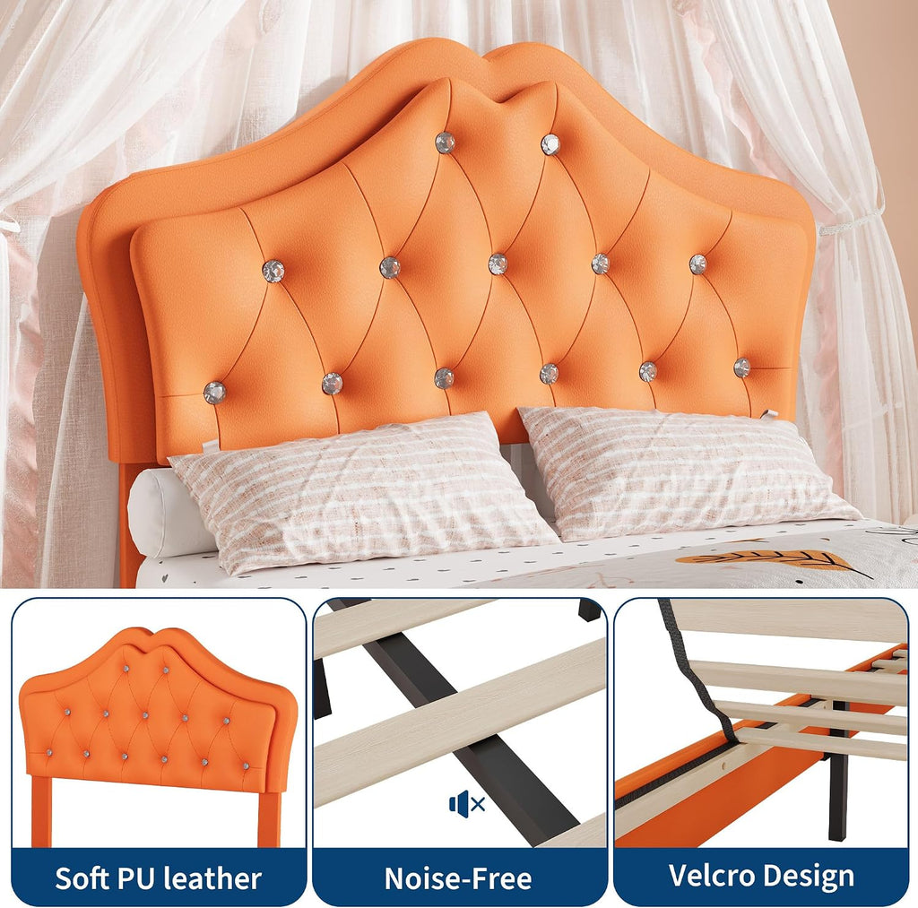 Garvee Twin Size Bed Frame with LED Lights & Velvet Crystal Button Headboard, Upholstered Boy/Girl Platform Bed with Storage Drawer, Noise Free, No Box Spring Needed for Kids, Teens, Orange
