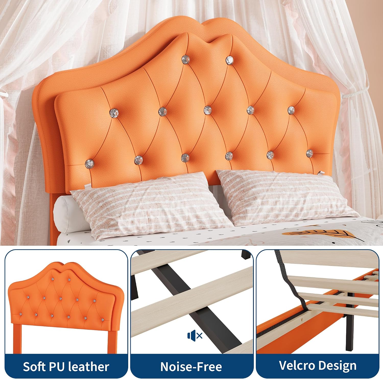 Garvee Twin Size Bed Frame with LED Lights & Velvet Crystal Button Headboard, Upholstered Boy/Girl Platform Bed with Storage Drawer, Noise Free, No Box Spring Needed for Kids, Teens, Orange