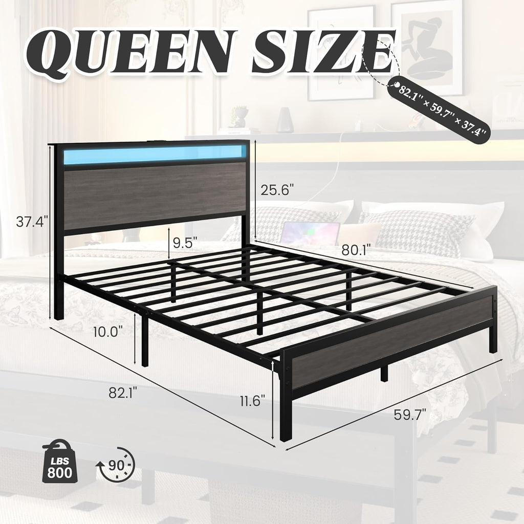 Fluest Queen Bed Frame with Headboard & Footboard, Bed Frame with Built-in Charging Station & LED Light, Storage Shelf, Noise-Free, No Box Spring Needed, Easy Assembly, Rustic Grey
