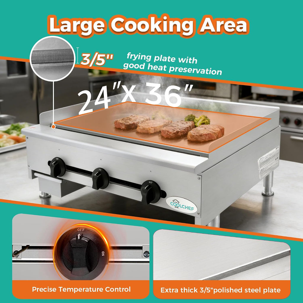 Commercial Gas Griddle - 36' Electric Countertop 90,000 BTU Flat Top Griddle, Natural Gas (NG) / Propane, CSA Certified Stainless Steel Teppanyaki Grill for Restaurants (36' W)