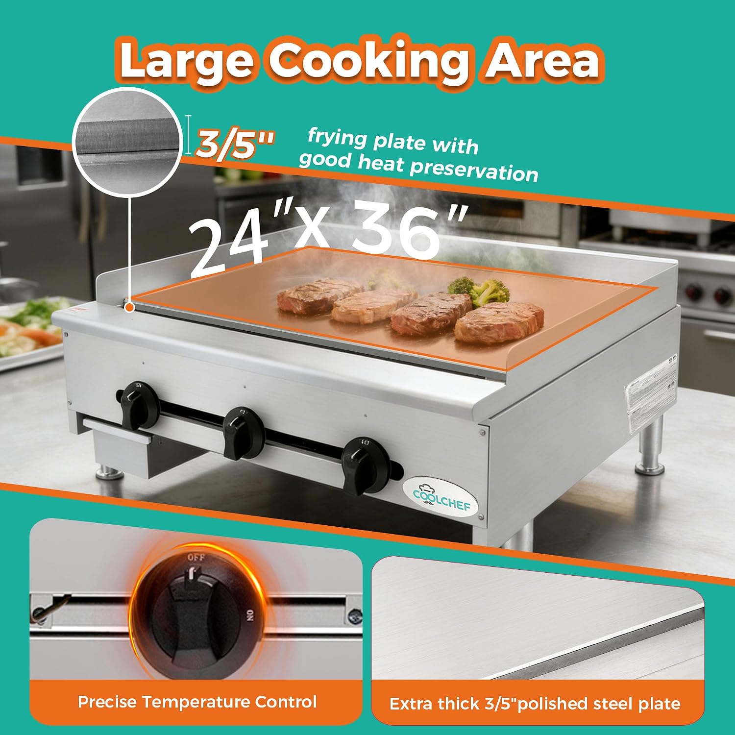 Commercial Gas Griddle - 36' Electric Countertop 90,000 BTU Flat Top Griddle, Natural Gas (NG) / Propane, CSA Certified Stainless Steel Teppanyaki Grill for Restaurants (36' W)