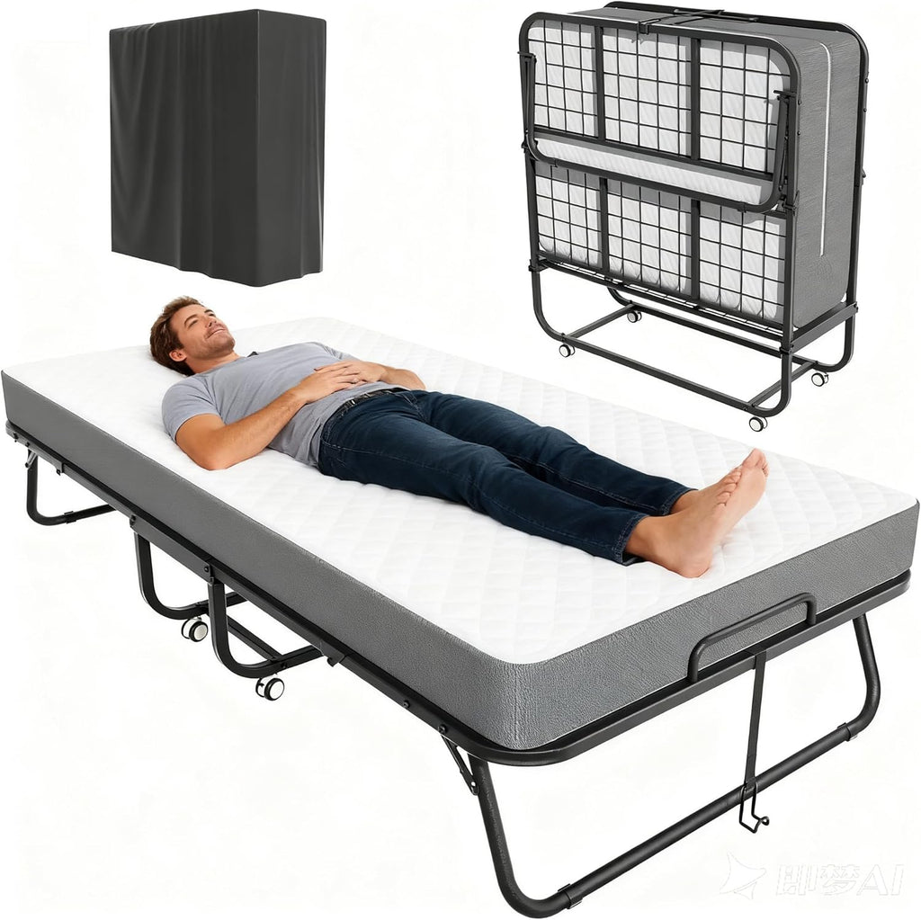 Pataku Folding Bed with Mattress, Twin Foldable Bed, Roll Away Beds for Adults, 75' x 38' Roll Away Portable Beds with 5' Mattress, Folded Frame for Small Apartment, Guest Room