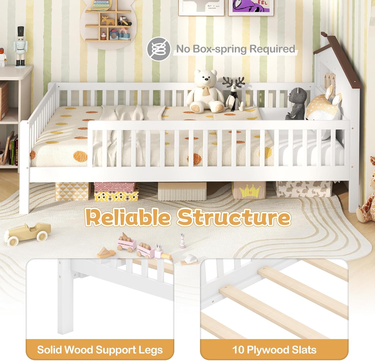 KOMFOTT Twin Bed Frame with Rails & House Shaped Headboard, Solid Wood Platform Bed with Safety Guardrails, Storage Cube & Under-Bed Storage, No Box Spring Needed, Twin Bed with Rails (White)