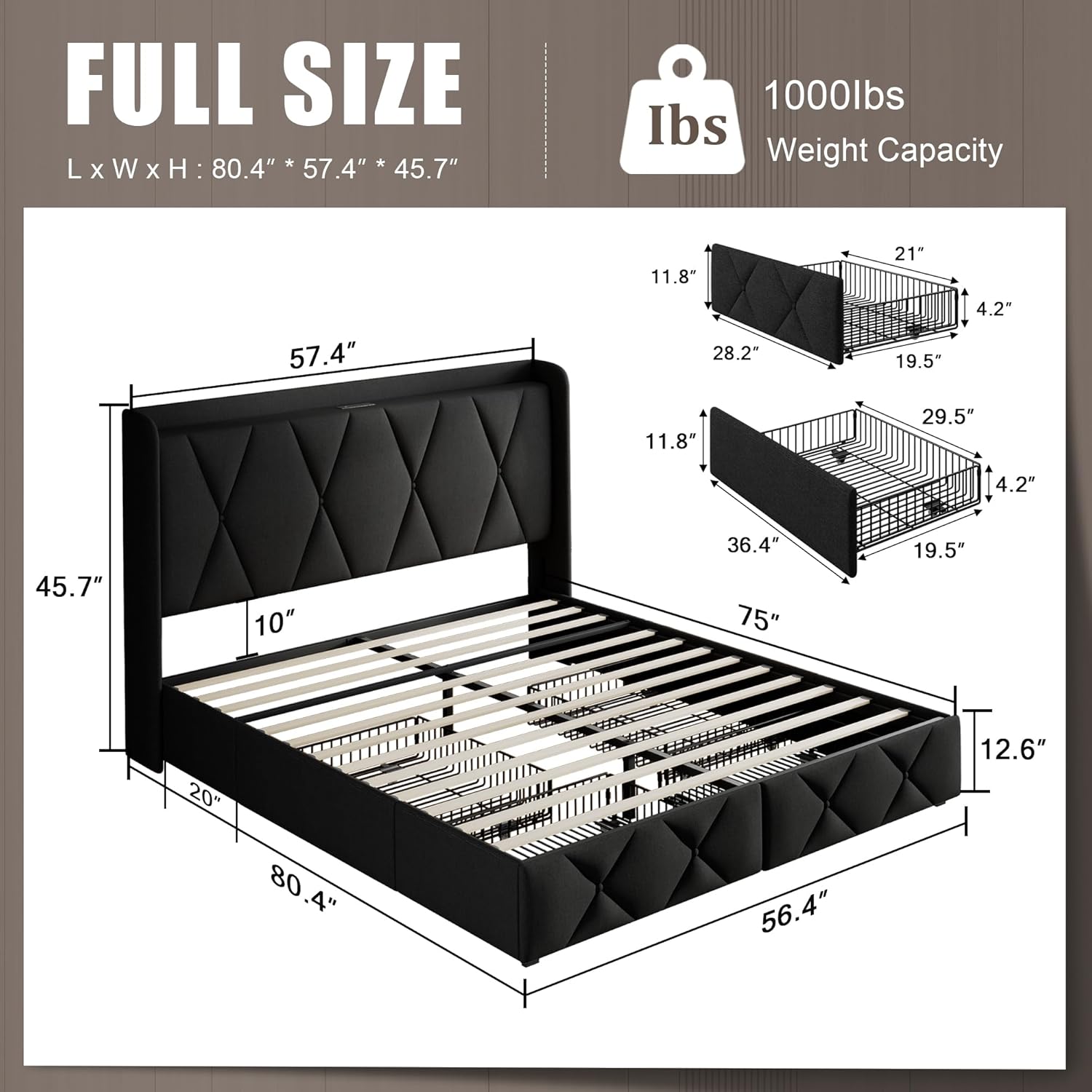 Einhomn Full Size Bed Frame with 4 Storage Drawers and Charging Station, Upholstered Platform Bed Frame with Storage Headboard, No Box Spring Needed, Easy Assembly, Black
