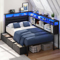 OURPIC Corner Bed Frame with Storage Bookcase and LED Lights, Twin Size Bed Frames with Upholstered Headboard and Charging Station, Twin Daybed with 3 Storage Drawers, Black