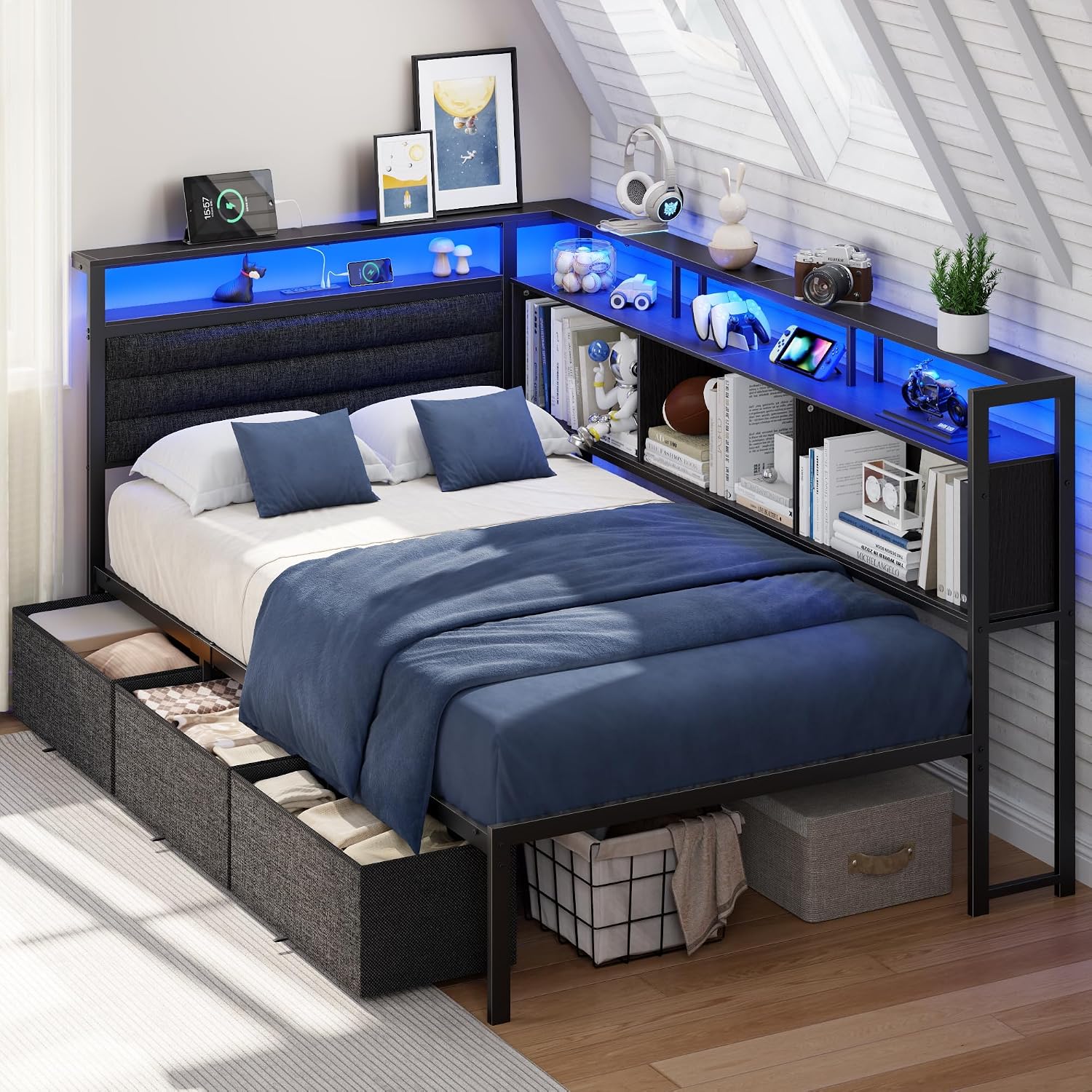 OURPIC Corner Bed Frame with Storage Bookcase and LED Lights, Twin Size Bed Frames with Upholstered Headboard and Charging Station, Twin Daybed with 3 Storage Drawers, Black
