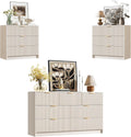 Furniway Beige Dresser Bedroom Set 3 Pieces, Nightstands Sets of 2, 7 Drawer Dresser with Gold Handles for Bedroom