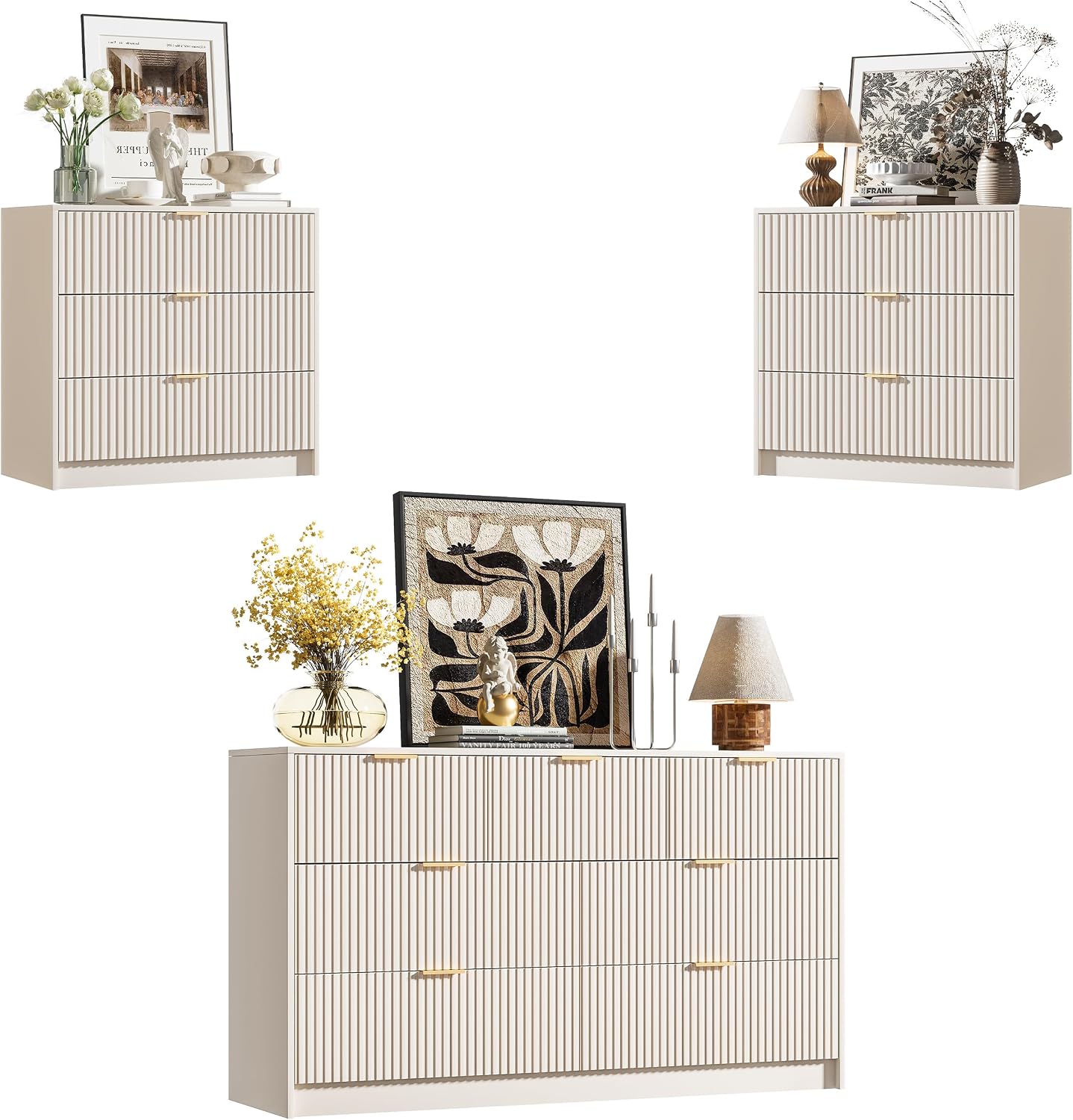 Furniway Beige Dresser Bedroom Set 3 Pieces, Nightstands Sets of 2, 7 Drawer Dresser with Gold Handles for Bedroom