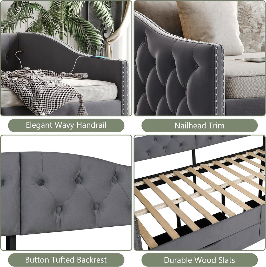 Full Size Daybed with Storage Drawers, Upholstered Daybed with 2 USB Ports, Sturdy Wood Frame,Day Bed for Bedroom