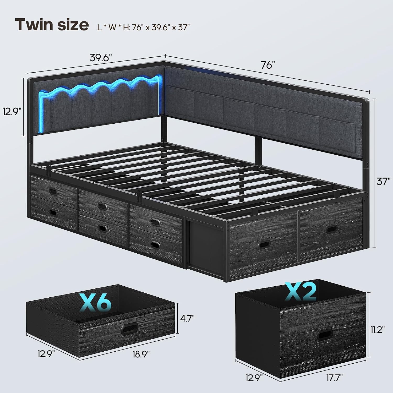 ADORNEVE Corner Bed Frame Twin with 8 Drawers, 6 Storage Pockets, Twin Daybed with Storage and RGB Wave Lights, Twin Size Platform Bed with L-Shaped Upholstered Guardrail for Kids Teen,Grey