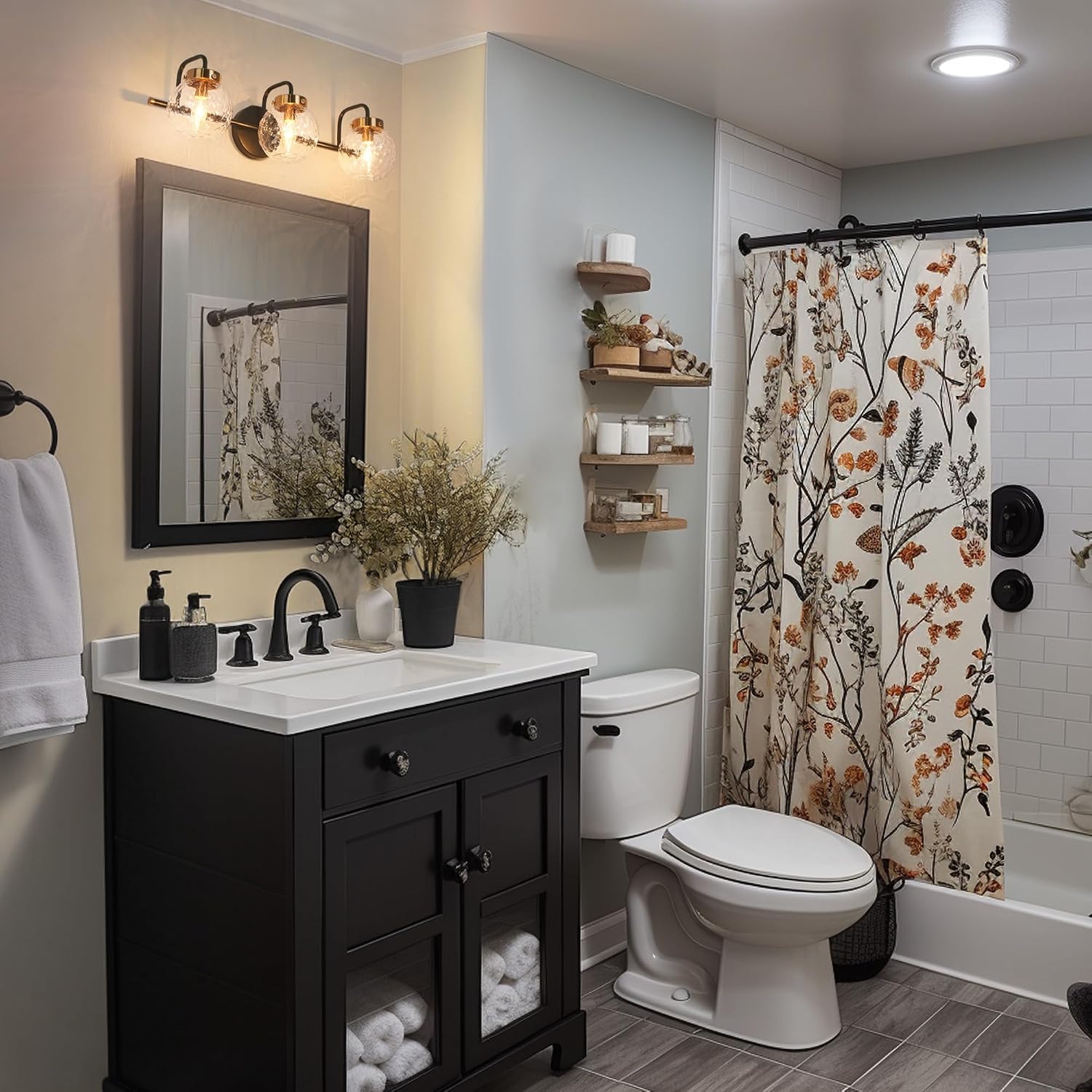 KSANA Black Bathroom Vanity Light Fixtures, Modern Farmhouse 3-Light Black Gold Vanity Lighting with Textured Glass Over Mirror