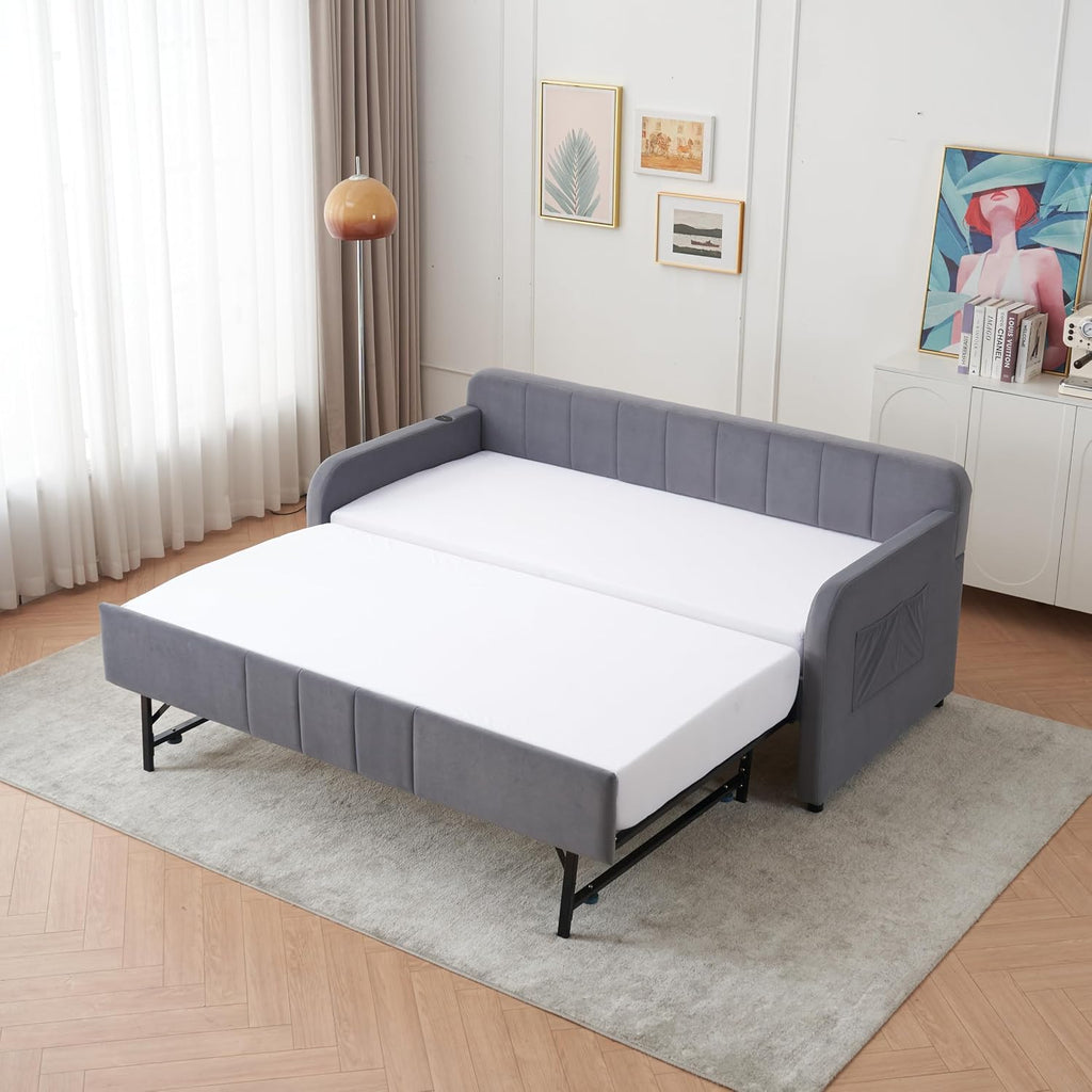 Deolme Twin to King Daybed with Trundle, USB Ports, Velvet Upholstered Daybed with Pop Up Trundle Bed, Modern Extendable Day Bed Frame for Kid Adult Bedroom Living Room Guest Room Small Places Gray