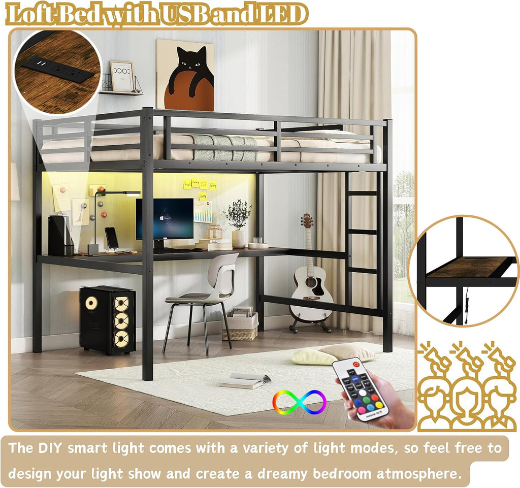 Bellemave Full Loft Bed with Desk, Metal Loft Bed Frame with Ladder, LED Lights and Power Outlet for Kids, Boys, Girls, No Spring Box Needed, Black
