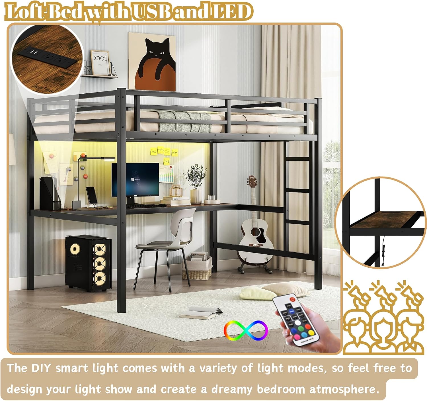 Bellemave Full Loft Bed with Desk, Metal Loft Bed Frame with Ladder, LED Lights and Power Outlet for Kids, Boys, Girls, No Spring Box Needed, Black