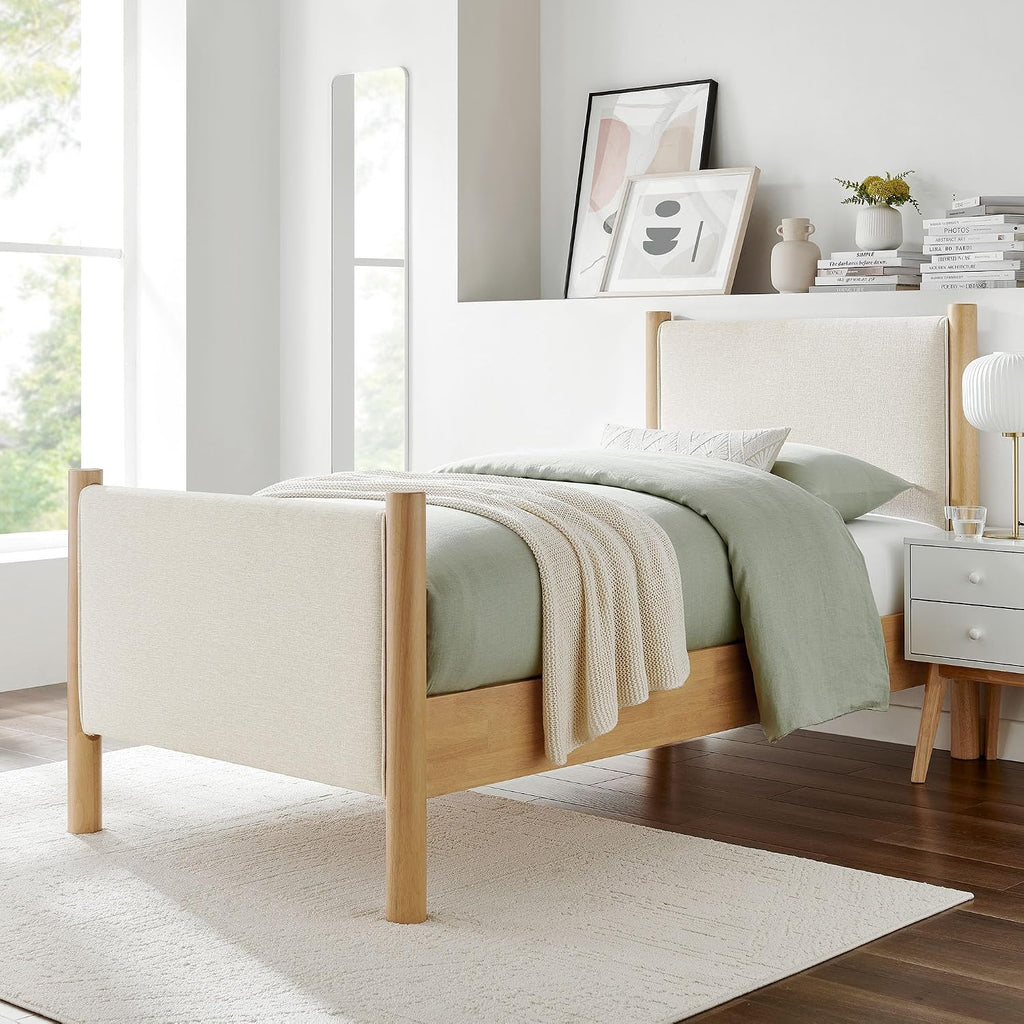 Modway Maven Twin Size Bed Frame in Ivory Oak with Upholstered Fabric Headboard and Footboard – Wood Twin Platform Bed Frame – No Box Spring Needed