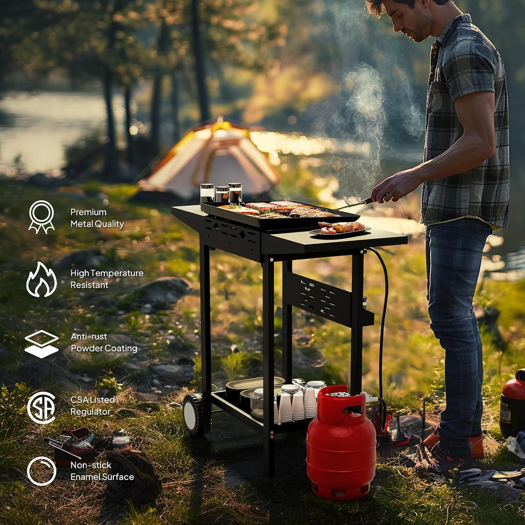 Bonnlo 2 Burner Portable Propane Griddle, 20,000BTU Gas Grill with Enameled Tray, Rolling Flat Top Grill with Electronic Ignition, Side Shelve & Regulator, Ideal for Outdoor Patio Cooking BBQ