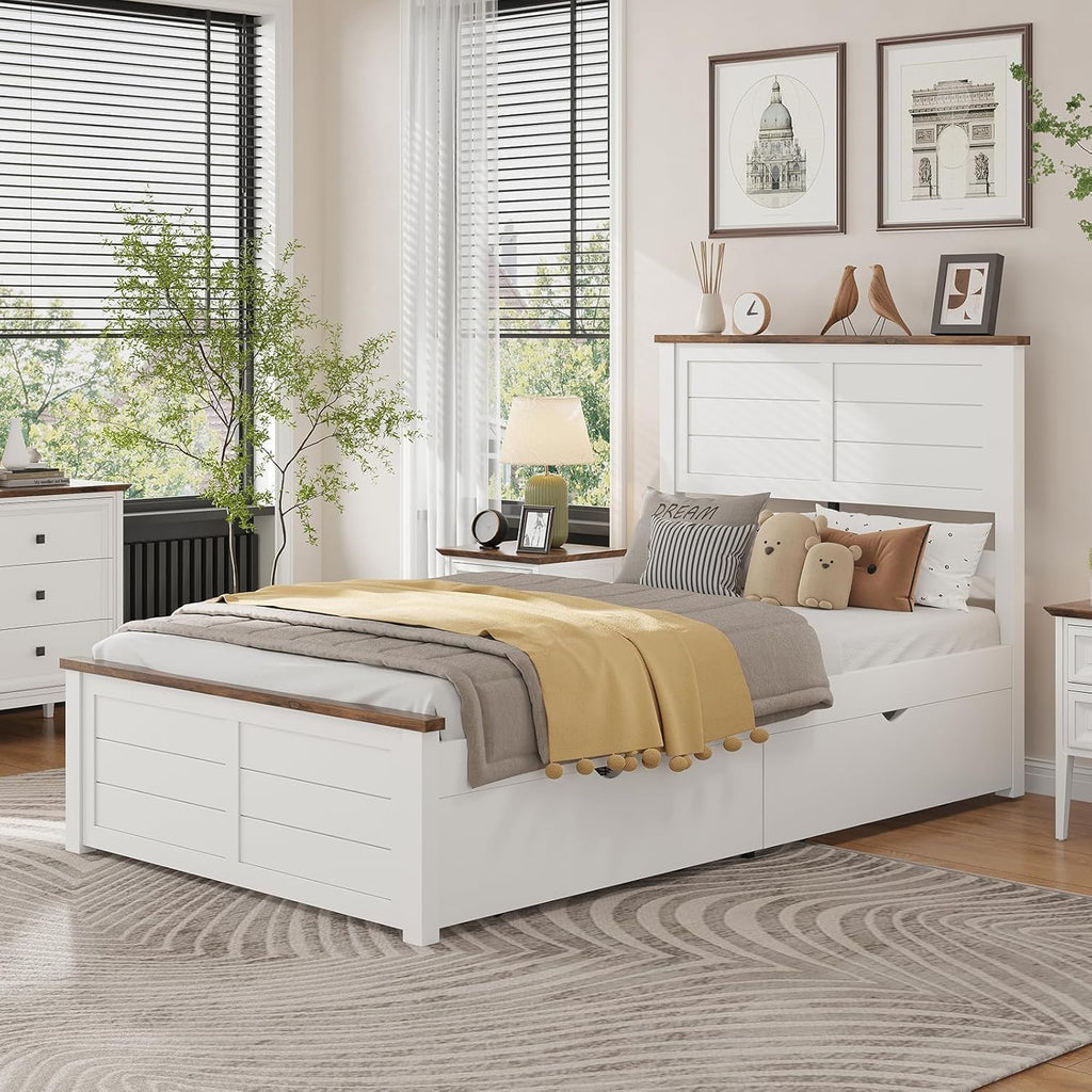 LUXOAK Twin Size Farmhouse Wooden Bed Frame with Headboard and 4 Sliding Drawers, Barn Door Panel Platform Bed with Wood Slats, Heavy Duty Mattress Foundation, Non-Slip & Noise-Free, Antique White